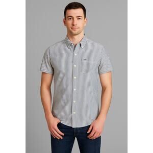 Hollister Men’s XL Short Sleeve Button-Up Shirt Blue White Striped Cotton